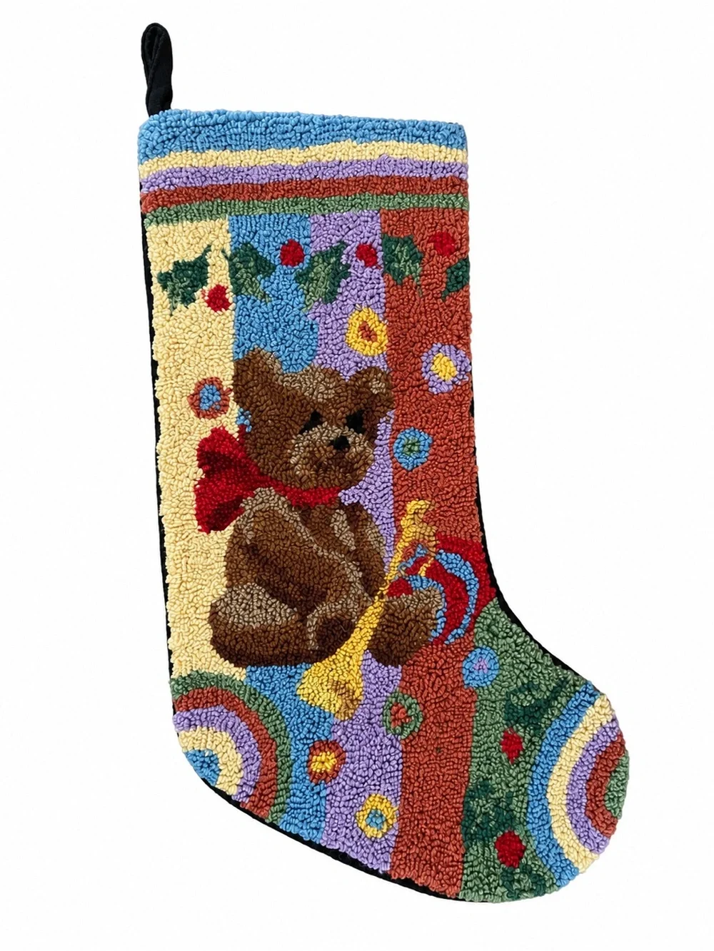 Vintage Hand Hooked Wool Teddy Bear Christmas Stocking Holiday Decor